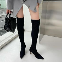 Boots Women Over The Knee Sock Black/Khaki Winter Thick High Heels Slip On Fashion Sexy Stretch Shoes Woman 2022 S