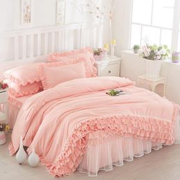 Bedding Sets Korean Princess Lace Bed Skirt Pillow Case Duvet CoverBedding 4 Pcs Set Pure Colour Orange Rose Jade Pink Quilt Cover