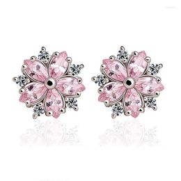 Stud Earrings Genuine 925 Sterling Silver Elegant Enamel Pink Cherry Blossom For Women Flower Wedding Jewellery Gift