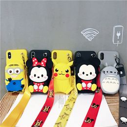 Cute Cartoon Fashion Mobile Phone Cases For Iphone 14 13 12 11 pro max 7 8 plus x xr Cover 3D Silicon Change Pocket Cartoon Rubber Bump Protector With Strap Girls Black Cat