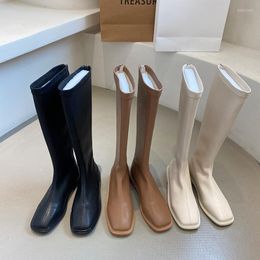 Boots Square Toe Women Knee High Sock Botas Black White Khaki Flat Heeled Back Zipper Autumn Winter Woman 35-39 Party