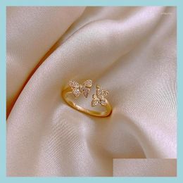 Cluster Rings Cluster Rings Fashion Jewelry Gold Exquisite Inlaid Zircon Butterfly 14K Real Ring Simple And Elegant Women Opening Ad Dhx7P