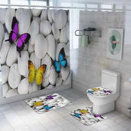 Toilet Seat Covers Colorful Butterfly Pebble Stones Print Home Decor Bathroom Sets Waterproof Shower Curtain Textile Mats Carpet Suits