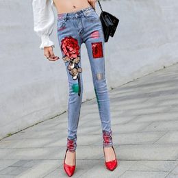 Women's Jeans Women's Women Sequins Pencil Denim Pants 3d Rose Embroidery High Waist Ladies Long Painted Bronzing Slim Skinny Legging