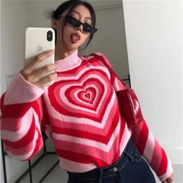 QNPQYX Y2K 90s Sweater Aesthetics Heart Striped Sweater Turtleneck Pullovers Knitted Crop Top Long Sleeve Harajuku Knitwear Korean Tops