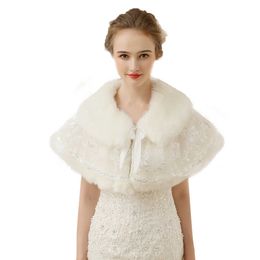 Wedding Fur Shawls with Ribbon Tie Autumn/Winter Faux Fur Wraps Tulle Embroidered Lace Stole