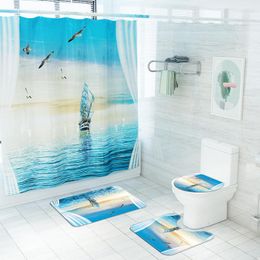 Toilet Seat Covers Digital Printing Of Sea Sailboat Home Decor Bathroom Cover Sets Waterproof Shower Curtain Mats Carpet Rugs Suits