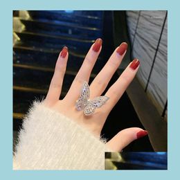 Cluster Rings Cluster Rings Korean Design Fashion Jewellery Luxury Copper Inlaid Pink Zircon Ring Exaggerated Butterfly Prom Open For Dhyc3