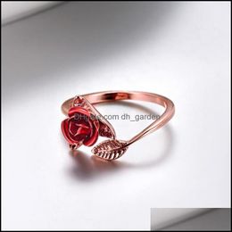 Cluster Rings Cluster Rings Red Rose Flower Leaves Opening Ring For Women Rhinestone Flowers Adjustable Finger Valentines Day Engage Dhfm5