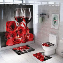 Toilet Seat Covers Rose Wine Print Home Decor Bathroom Cover Sets Waterproof Shower Curtain Mats Carpet Rugs Suits