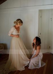 V Neck Half Sleeves Vestidos De Novia Wedding Dresses A Line Lace Appliques Bridal Dress Robe de Mariage