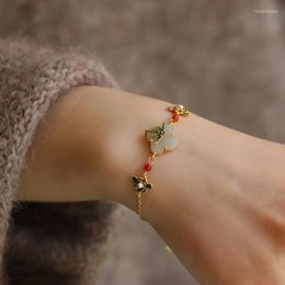 Charm Bracelets Vintage Dainty Gold Bracelet Chinese Style Enamel Flower With Hetian Jade Elegant Jewellery For Women Wedding Valentine's