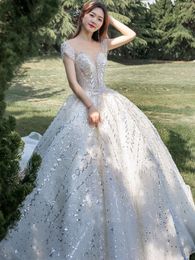 Full Lace Ball Gown Backless Princess Wedding Dresses Off Shoulder Appliqued Ruched Court Train Bridal Gowns Sequined Plus Size Maternity Dress 403