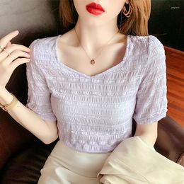 Women's Blouses Korean Short Sleeve Female 2022 Summer Elegant V-neck Lace Chiffon Shirt Women White Green Black Blusas Purple Drop 2228