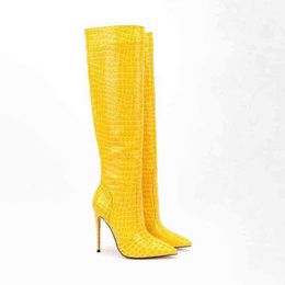 Women Boots New Pointed Toe Fashion Riding Autumn and Winter Plus Zipper Thigh High Yellow Green 0709