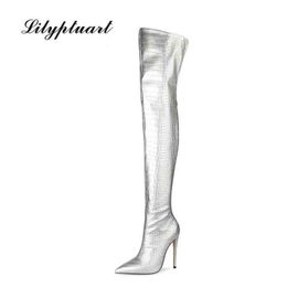 Boots European and American Style Back Zipper Over Knee Be Toe Stiletto Fashion Women Shoes Stone Pattern 220901