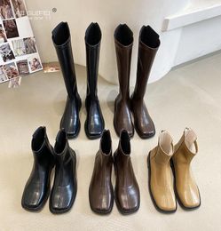 Boots Square Toe Women Knee High Black Brown Flat Low Heels Winter Autumn Botas 2022 Arrivals Ladies Back Zipper Pumps Shoes