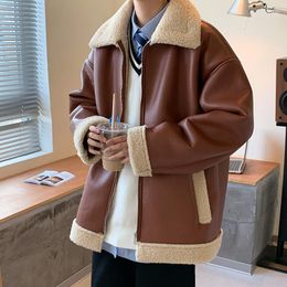 Men's Down Winter Thick Leather Jacket Men Warm Fashion Retro Lamb Wool Streetwear Korean Loose Short Coat Mens Outwear Jackets