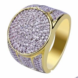 Cluster Rings Cluster Rings Hip Hop Luxury Fl Cubic Zirconia Out Bling Golden Ring Gold Color Round Brass Mens Signet Male Rock Jewe Dhhoc