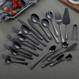 Dinnerware Sets Black Cutlery Tableware Set Mirror Salad Spoon Butter Knife Public Stainless Steel Kitchen Table