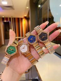 Vintage Green Malachite Zircon Watch Charm Women Geometric Irregular WristWatch Stainless Steel Strap Quartz Watches Black Dial Female Open Bracelet