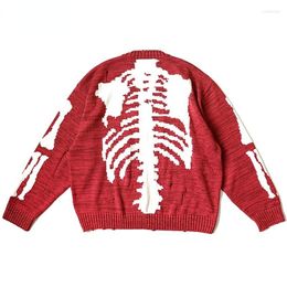 Men's Sweaters Men Oversized Sweater Red Loose Skeleton Bone Printed Pullover Woman Harajuku High Street Damage Hole Vintage Knitted
