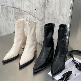 Boots Pointed Toe Women Ankle 2022 Arrivals Party Pumps Thick High Heels Black Beige Sock Botas Gladiator Shoes