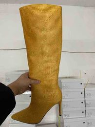 Women Boots 2022 New All Sky Star Rhinestone Pointed Thin Heel Super High Knee L