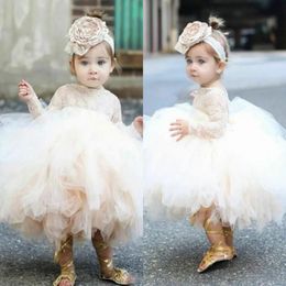 Cute Toddler Puffy Ball Gown Flower Girl Abiti Top in pizzo Corpetto Maniche lunghe Tulle Avorio Tutu Abiti da prima comunione MC3010