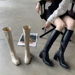 Boots Fashion Women Knee High Round Toe Black Beige Square Heels Back Zipper Winter Sock Booties Autumn Party Pumps 35-39