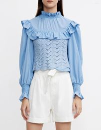 Women's Blouses Contrast Fabric Neck Ruffle Detail Blouse