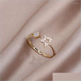 Cluster Rings Cluster Rings Design Fashion Jewellery Copper Inlaid Zircon Hollow Fivepointed Star Square Ring Elegant Womens Daily Wor Dh9Yx