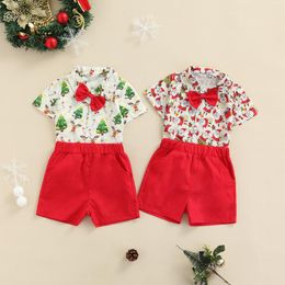 Clothing Sets Toddle Boy Two-Piece Outfits Santa Claus/Christmas Tree Turn-Down Collar Shirt Solid Colour Short Trousers