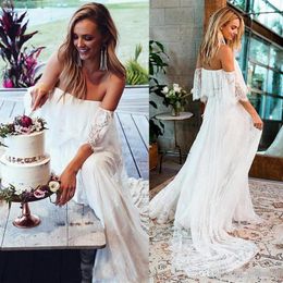 Off Shoulder Lace Fabric Flare Sleeve A Line Beach Wedding Dress Bridal Gown