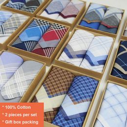 Bow Ties 2pcs/set Handkerchiefs Cotton Checked Handkerchief Plaid Checkered With Gift Box Packaging