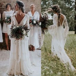 Lace Boho Wedding Dresses Long Sleeves A-Line Backless Sweep Train Pleats Beach Bridal Gowns Bride Dress Vestido de noiva