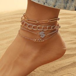 Anklets 4 Chain Set Fashion Trend Geometric Beach Anklet Bracelet For Women Love Letter Crown Simple Personality Metal