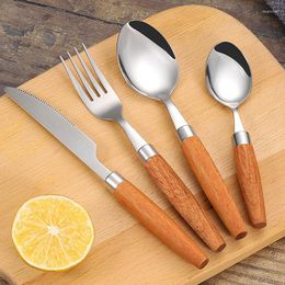 Dinnerware Sets 1pc Wooden Handle Tableware Japanese Style Stainless Steel Knife Fork Spoon Household Kitchen Western Teaspoon