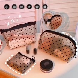 Storage Bags Net Yarn Mesh Cosmetic Makeup Convenient To Carry Case Holder Cute Transparent Zipper Black Heart Printed Pencil Pen Pouch