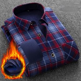 Men's Dress Shirts Winter Fleece Warm Mens Business Casual Long Sleeved Shirt Classic Plaid Checked Male Social Red Blue Gozbkf