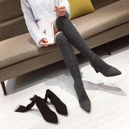 Boots Fashion Women Over The Knee Pointed Toe Knitting Thick High Heels Knight Black Gray Slip On Shoes