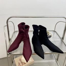 Boots Fashion Women Ankle Pointed Toe Stretch Shoes Flat Heels Elastic Band Slip On Sock High Quality Red Black 39