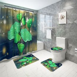 Toilet Seat Covers Hand Painted Lotus Leaf Print Home Decor Bathroom Cover Sets Waterproof Shower Curtain Mats Carpet Rugs Suits