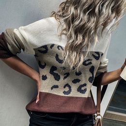 QNPQYX New Women Fall Winter Leopard print sweater New Fashion Casual O Neck Long Sleeve Splicing Jumpers For Ladies Loose Knitted Tops