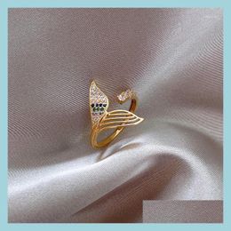 Cluster Rings Cluster Rings Korea Design Fashion Jewelry Creative Fish Tail 14K Real Gold Inlaid Zircon Asymmetric Hollow Female Ope Dhvks