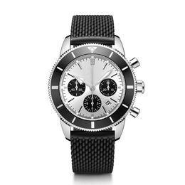 New Watch Mens Quartz Chronograph Stainless Steel 46mm Luxury Ceramic Bezel Black White Dial Rubber Strap