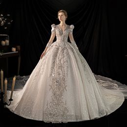 Beaded Embroidery Wedding Dresses Princess Gowns Long Sleeve Sequined Sweetheart Corset Organza Cathedral Church Ball Gown Bride Dress 403