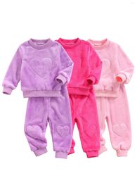 Clothing Sets Kids Winter Tracksuit Flannel Solid Color Heart Pattern Round-Neck Long Sleeve T-Shirt Pants For Little Girls 1-5 Years