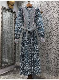 Casual Dresses Cotton Dress 2022 Autumn Winter Style Women Striped Print Flower Patterns Belt Deco Long Sleeve Mid-Calf Chic
