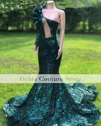 Green Prom Dress Mermaid 2023 One Shoulder Sequins Sparkly Formal Second Reception Birthday Engagement Gown